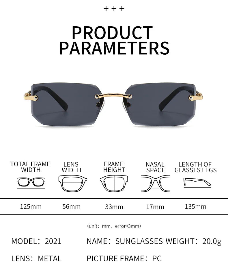 "Rimless Rectangle Sunglasses - Trendy Unisex Shades for Summer Travel"